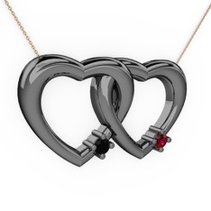 Siyah zirkon ve rodolit garnet 925 ayar siyah rodyum kaplama gümüş kolye (40 cm rose altın rolo zincir)