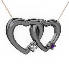 İkili Kalp Kolye - Swarovski ve ametist 925 ayar siyah rodyum kaplama gümüş kolye (40 cm rose altın rolo zincir) #e9xx3w