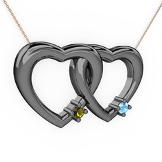 İkili Kalp Kolye - Peridot ve akuamarin 925 ayar siyah rodyum kaplama gümüş kolye (40 cm gümüş rolo zincir) #g1xzcr