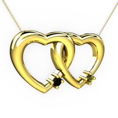 İkili Kalp Kolye - Siyah zirkon ve peridot 18 ayar altın kolye (40 cm altın rolo zincir) #g6sops