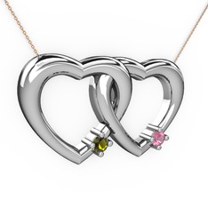 İkili Kalp Kolye - Peridot ve pembe kuvars 14 ayar beyaz altın kolye (40 cm rose altın rolo zincir) #gv0zu9