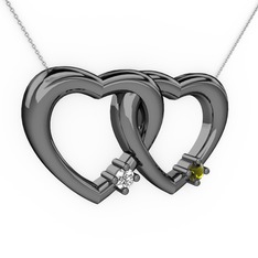 İkili Kalp Kolye - Pırlanta ve peridot 925 ayar siyah rodyum kaplama gümüş kolye (0.036 karat, 40 cm beyaz altın rolo zincir) #hypnz6