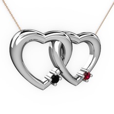 İkili Kalp Kolye - Siyah zirkon ve rodolit garnet 925 ayar gümüş kolye (40 cm rose altın rolo zincir) #ibpvy9
