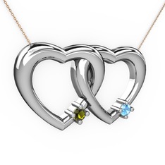 İkili Kalp Kolye - Peridot ve akuamarin 14 ayar beyaz altın kolye (40 cm rose altın rolo zincir) #ie4afo
