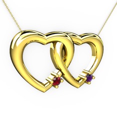 İkili Kalp Kolye - Garnet ve ametist 14 ayar altın kolye (40 cm gümüş rolo zincir) #inr2ad