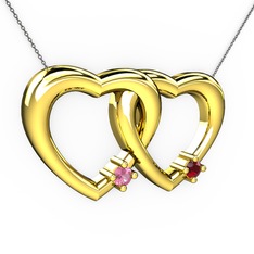 İkili Kalp Kolye - Pembe kuvars ve garnet 14 ayar altın kolye (40 cm gümüş rolo zincir) #itp7jn