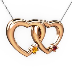 İkili Kalp Kolye - Sitrin ve garnet 8 ayar rose altın kolye (40 cm gümüş rolo zincir) #jpalq9