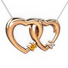 İkili Kalp Kolye - Sitrin ve pırlanta 18 ayar rose altın kolye (0.036 karat, 40 cm beyaz altın rolo zincir) #kjkrpx