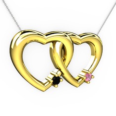 İkili Kalp Kolye - Siyah zirkon ve pembe kuvars 925 ayar altın kaplama gümüş kolye (40 cm beyaz altın rolo zincir) #nrr9ol