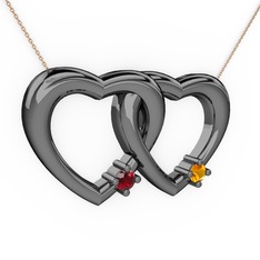 İkili Kalp Kolye - Garnet ve sitrin 925 ayar siyah rodyum kaplama gümüş kolye (40 cm rose altın rolo zincir) #o9iud3