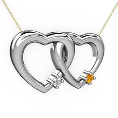 İkili Kalp Kolye - Beyaz zirkon ve sitrin 14 ayar beyaz altın kolye (40 cm gümüş rolo zincir) #odbl8f