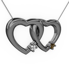 İkili Kalp Kolye - Beyaz zirkon ve dumanlı kuvars 925 ayar siyah rodyum kaplama gümüş kolye (40 cm gümüş rolo zincir) #phn425