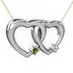 İkili Kalp Kolye - Peridot ve beyaz zirkon 14 ayar beyaz altın kolye (40 cm gümüş rolo zincir) #pyjfj