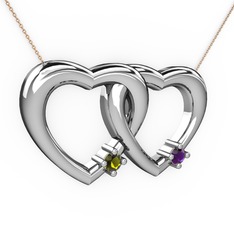 İkili Kalp Kolye - Peridot ve ametist 18 ayar beyaz altın kolye (40 cm rose altın rolo zincir) #q932j9