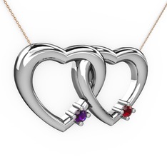 Ametist ve garnet 14 ayar beyaz altın kolye (40 cm rose altın rolo zincir)