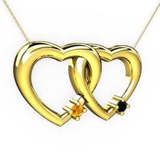 İkili Kalp Kolye - Sitrin ve siyah zirkon 8 ayar altın kolye (40 cm altın rolo zincir) #r2fzuf