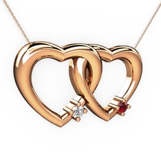 İkili Kalp Kolye - Beyaz zirkon ve garnet 14 ayar rose altın kolye (40 cm rose altın rolo zincir) #r7j0aq