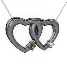 İkili Kalp Kolye - Peridot ve pırlanta 925 ayar siyah rodyum kaplama gümüş kolye (0.036 karat, 40 cm rose altın rolo zincir) #r7oep9