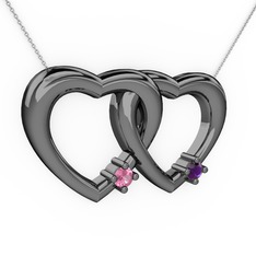 İkili Kalp Kolye - Pembe kuvars ve ametist 925 ayar siyah rodyum kaplama gümüş kolye (40 cm beyaz altın rolo zincir) #razt70