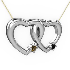 İkili Kalp Kolye - Dumanlı kuvars ve siyah zirkon 14 ayar beyaz altın kolye (40 cm gümüş rolo zincir) #rdccqd