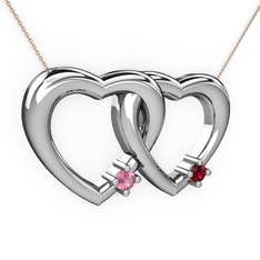 Pembe kuvars ve rodolit garnet 8 ayar beyaz altın kolye (40 cm rose altın rolo zincir)
