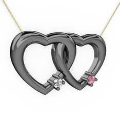 İkili Kalp Kolye - Swarovski ve pembe kuvars 925 ayar siyah rodyum kaplama gümüş kolye (40 cm gümüş rolo zincir) #sa5usc
