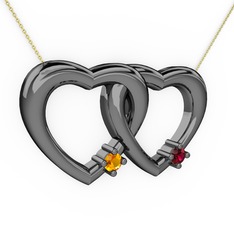 İkili Kalp Kolye - Sitrin ve rodolit garnet 925 ayar siyah rodyum kaplama gümüş kolye (40 cm gümüş rolo zincir) #sxke31