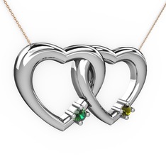 İkili Kalp Kolye - Yeşil kuvars ve peridot 14 ayar beyaz altın kolye (40 cm gümüş rolo zincir) #v2spim