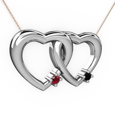 İkili Kalp Kolye - Garnet ve siyah zirkon 18 ayar beyaz altın kolye (40 cm rose altın rolo zincir) #vw8v2c