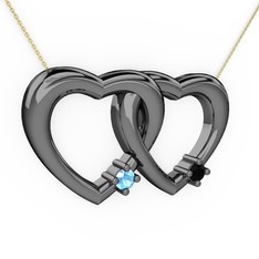 İkili Kalp Kolye - Akuamarin ve siyah zirkon 925 ayar siyah rodyum kaplama gümüş kolye (40 cm altın rolo zincir) #w8g1qo