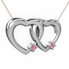 İkili Kalp Kolye - Pembe kuvars 14 ayar beyaz altın kolye (40 cm rose altın rolo zincir) #xl5ayd