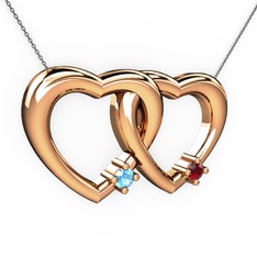 İkili Kalp Kolye - Akuamarin ve garnet 8 ayar rose altın kolye (40 cm gümüş rolo zincir) #y94do