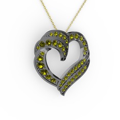 Kalp Kolye - Peridot 925 ayar siyah rodyum kaplama gümüş kolye (40 cm altın rolo zincir) #2kieeu