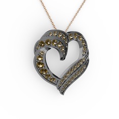 Kalp Kolye - Dumanlı kuvars 925 ayar siyah rodyum kaplama gümüş kolye (40 cm rose altın rolo zincir) #iattx