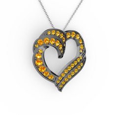 Kalp Kolye - Sitrin 925 ayar siyah rodyum kaplama gümüş kolye (40 cm beyaz altın rolo zincir) #mmwrct