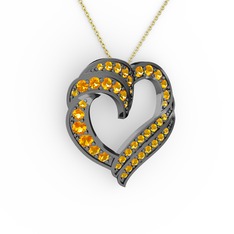 Kalp Kolye - Sitrin 925 ayar siyah rodyum kaplama gümüş kolye (40 cm altın rolo zincir) #omnbsu