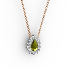 Pırlanta ve peridot 18 ayar beyaz altın kolye (0.1232 karat, 40 cm rose altın rolo zincir)