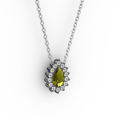 Pırlanta ve peridot 925 ayar siyah rodyum kaplama gümüş kolye (0.1232 karat, 40 cm beyaz altın rolo zincir)
