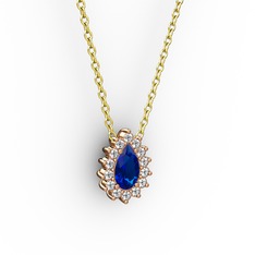 Pırlanta ve lab safir 925 ayar rose altın kaplama gümüş kolye (0.1232 karat, 40 cm altın rolo zincir)