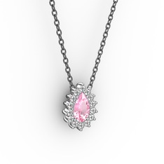 Pırlanta ve pembe kuvars 14 ayar beyaz altın kolye (0.1232 karat, 40 cm gümüş rolo zincir)