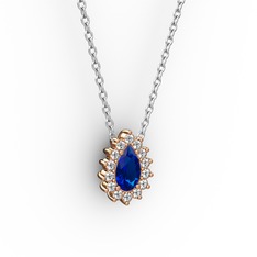 Pırlanta ve lab safir 14 ayar rose altın kolye (0.1232 karat, 40 cm gümüş rolo zincir)