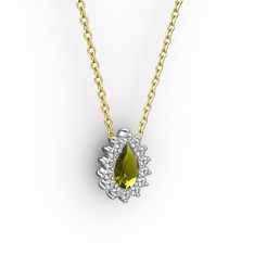 Pırlanta Katre Kolye - Pırlanta ve peridot 18 ayar beyaz altın kolye (0.1232 karat, 40 cm altın rolo zincir) #1ezymya
