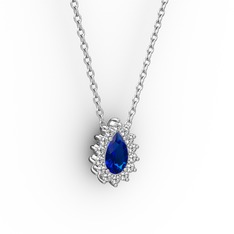 Pırlanta ve lab safir 925 ayar gümüş kolye (0.1232 karat, 40 cm beyaz altın rolo zincir)