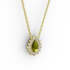 Pırlanta ve peridot 925 ayar altın kaplama gümüş kolye (0.1232 karat, 40 cm altın rolo zincir)