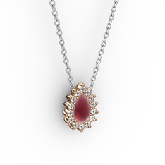 Pırlanta ve kök yakut 18 ayar rose altın kolye (0.1232 karat, 40 cm beyaz altın rolo zincir)