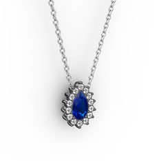 Pırlanta ve lab safir 925 ayar siyah rodyum kaplama gümüş kolye (0.1232 karat, 40 cm beyaz altın rolo zincir)
