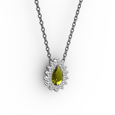 Pırlanta ve peridot 14 ayar beyaz altın kolye (0.1232 karat, 40 cm gümüş rolo zincir)