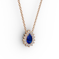 Pırlanta ve lab safir 14 ayar rose altın kolye (0.1232 karat, 40 cm gümüş rolo zincir)