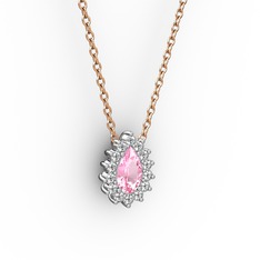 Pırlanta ve pembe kuvars 18 ayar beyaz altın kolye (0.1232 karat, 40 cm rose altın rolo zincir)