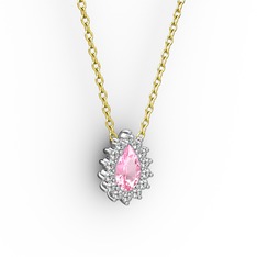 Pırlanta ve pembe kuvars 8 ayar beyaz altın kolye (0.1232 karat, 40 cm altın rolo zincir)